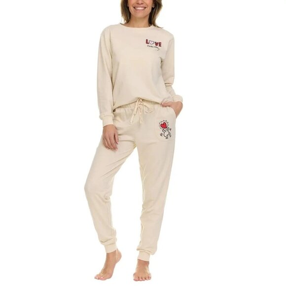 NEW Keith Haring Women's M Love Sweatshirt & Jogger Lounge Set Beige - Picture 1 of 9